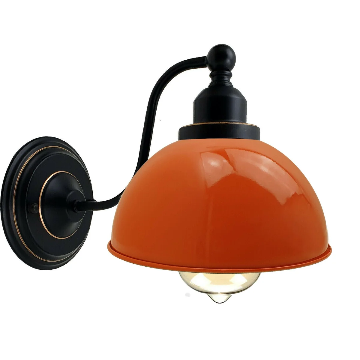 Orange vintage industrial wall lamp with 21cm dome metal shade, metal arm, E27 holder