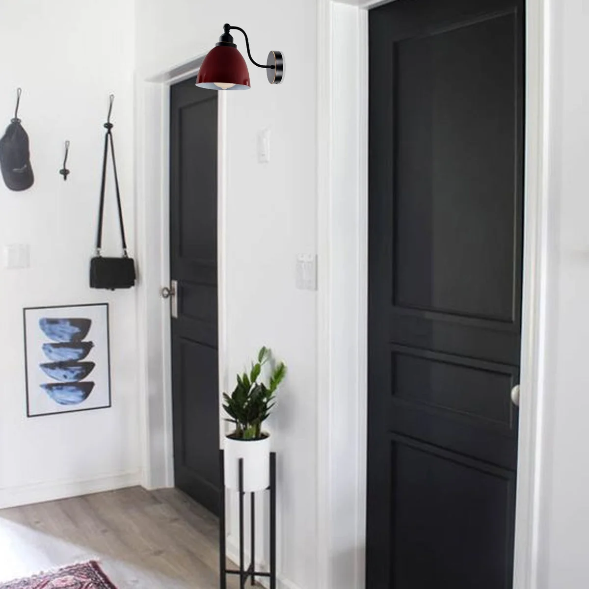 Modern industrial wall lamp with metal frame, adjustable arm and metal shade, energy efficient A+ rated LED, dimmable.