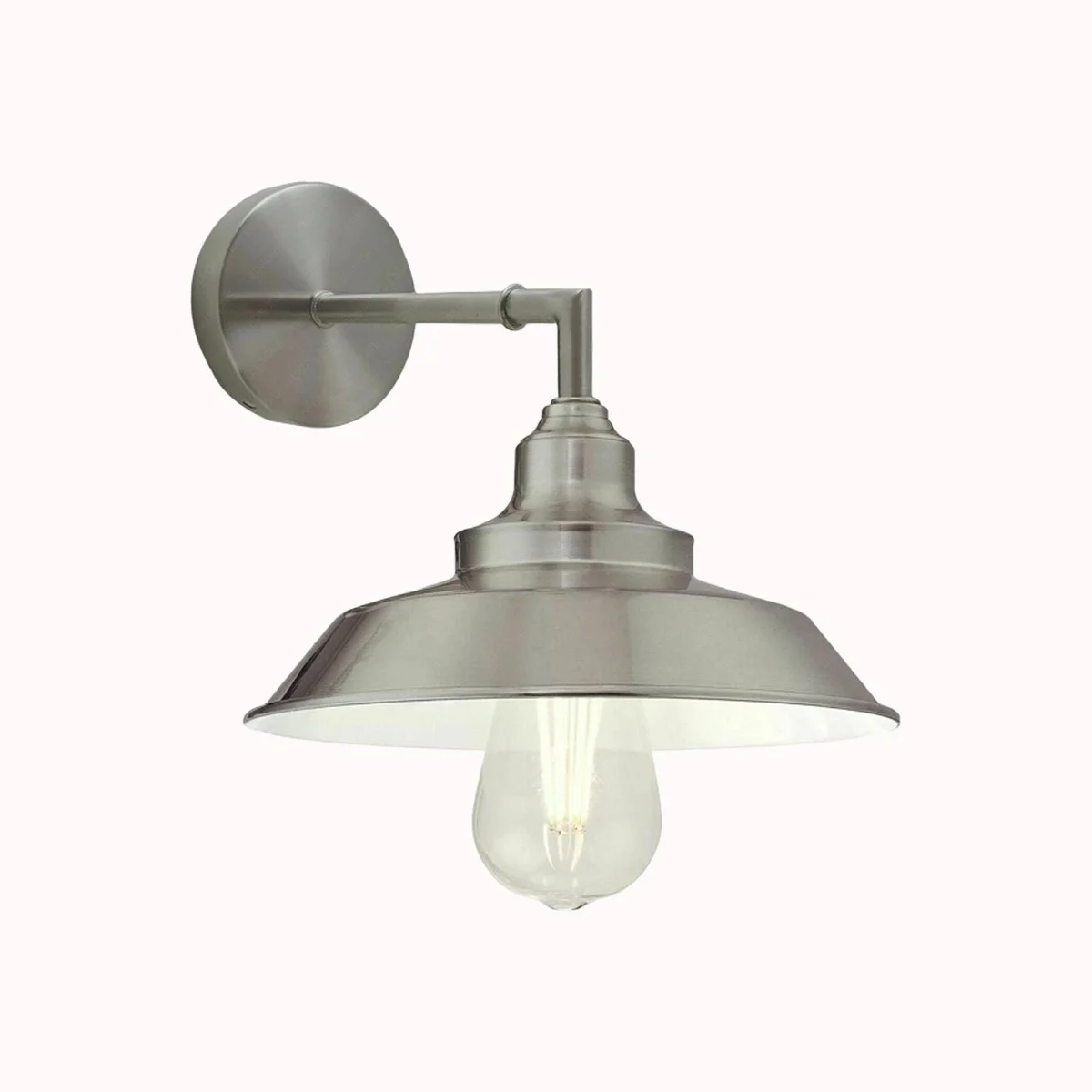 Satin nickel wall sconce with metal shade and base, vintage retro style, part of indoor dimmable sconces collection.
