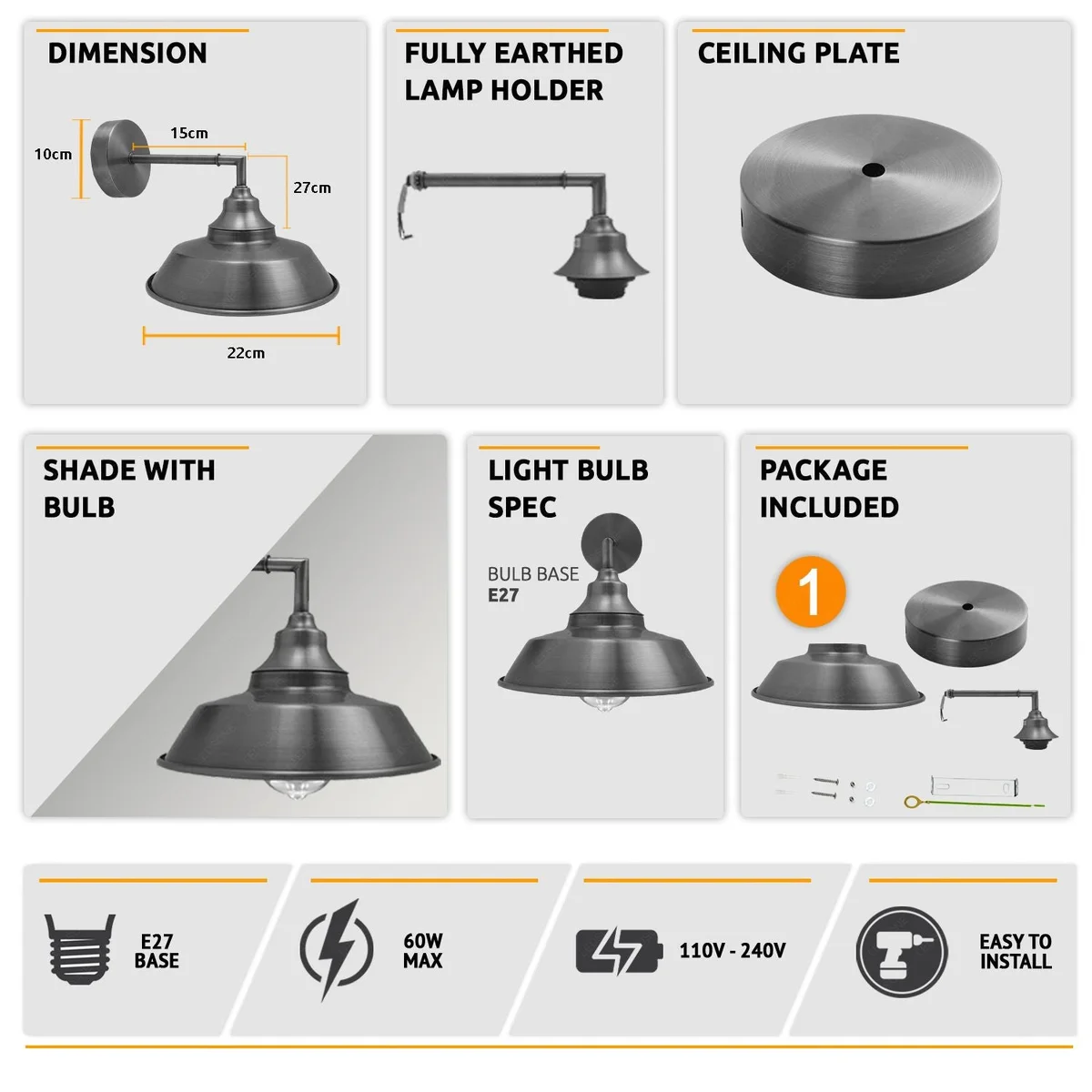 Sleek vintage wall sconce in satin nickel featuring a metal lamp holder for an E27 bulb, 22cm shade and industrial style.