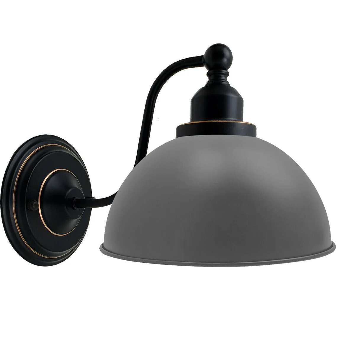 Grey metal dome shade of a vintage industrial wall lamp with E27 holder, recessed on wall.