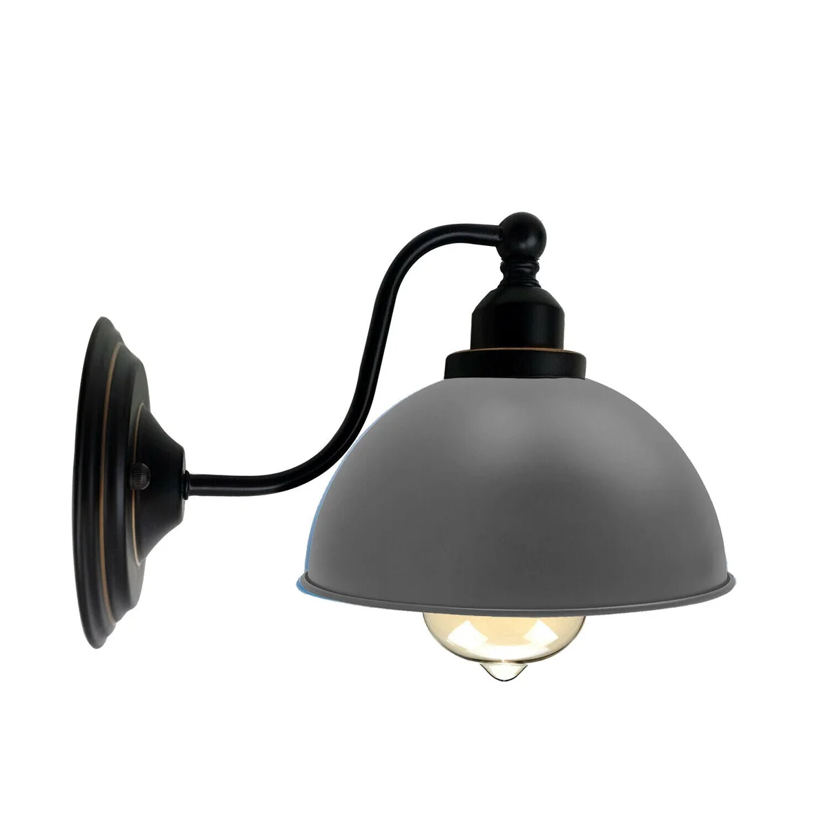 Grey wall sconce with metal dome shade, 21cm diameter, E27 holder, vintage industrial style, includes mounting hardware.