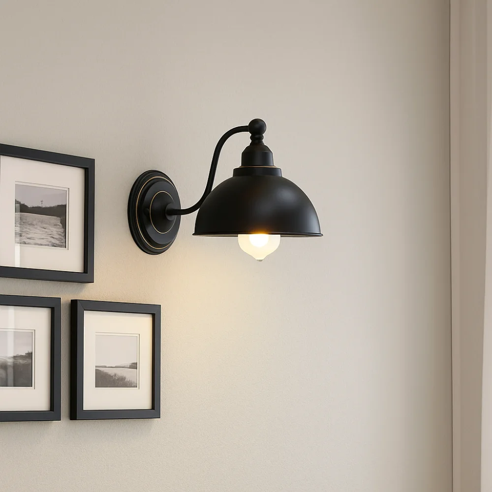 Black wall sconce with metal dome shade and E27 holder, fits indoor living room.