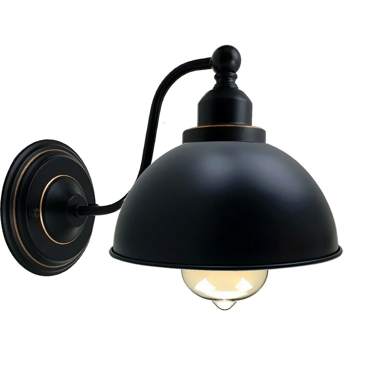 Black vintage industrial E27 wall sconce with dome metal shade, wall‑mounted arm, bolt, and ceiling rose.
