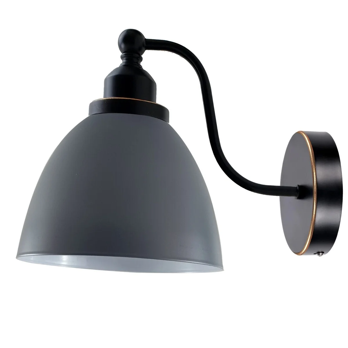 Swan neck metal arm wall light with white metal shade, black arm and ceiling rose, dimmable indoor wall light for contemporary decor.