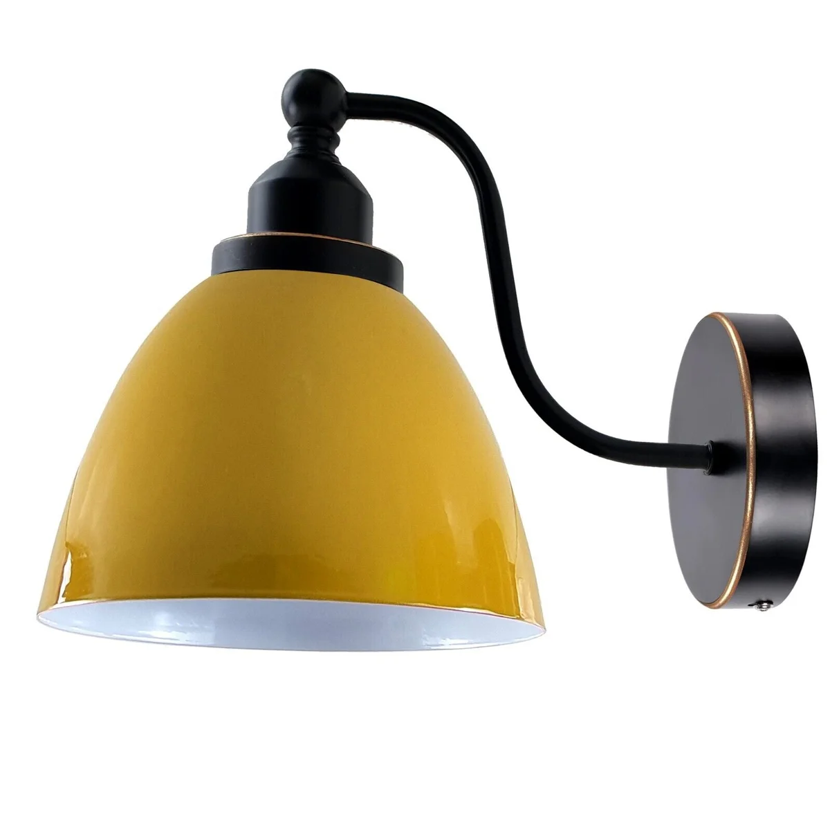 Yellow wall sconce featuring a metal arm with a round 11.5cm tall, 15cm wide shade, mounted on a wall.