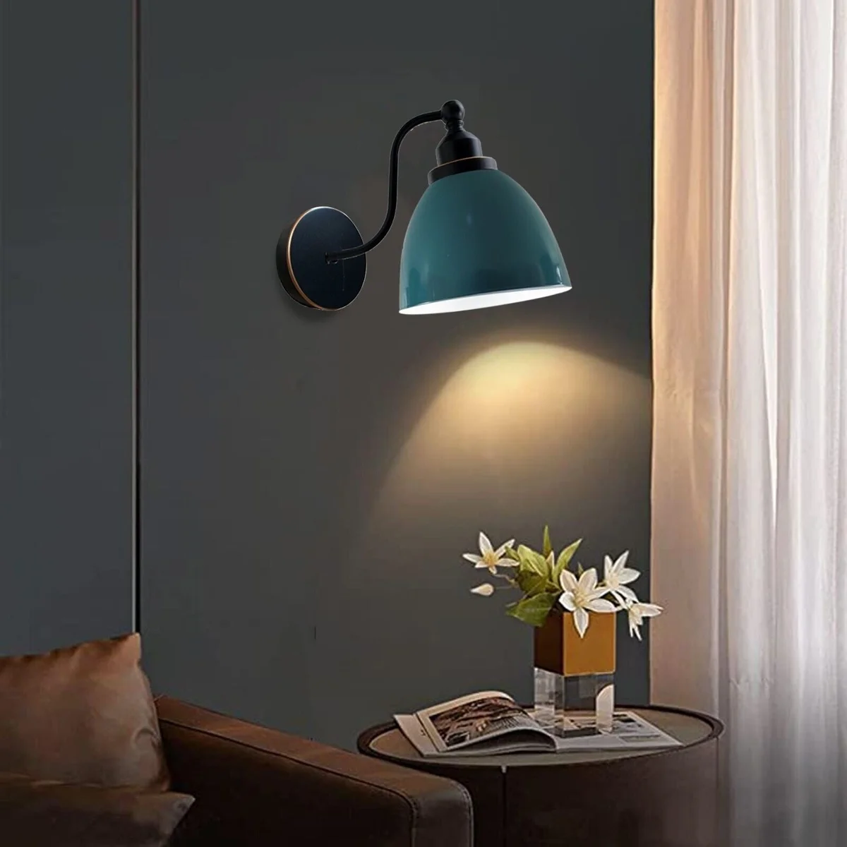 Cyan blue indoor wall lamp with swan neck metal arm and E27 holder, modern style.