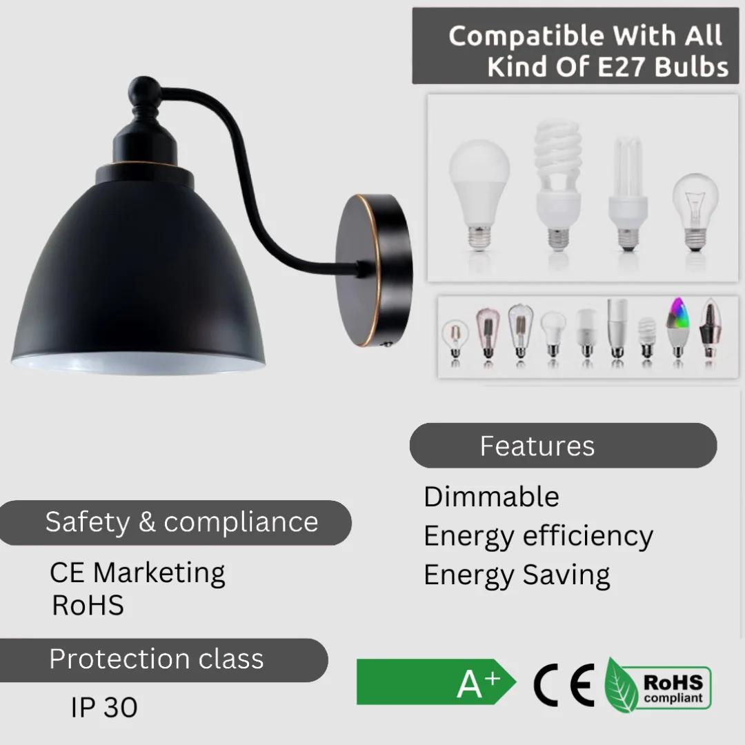 Black metal wall sconce with swan‑neck arm, modern minimalist design, 11.5 cm high lampshade, dimmable E27 socket