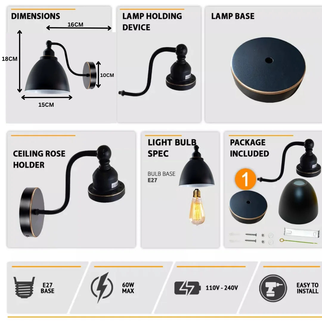 Black wall light with modern swan‑neck metal arm, 55cm reach, hanging from ceiling.