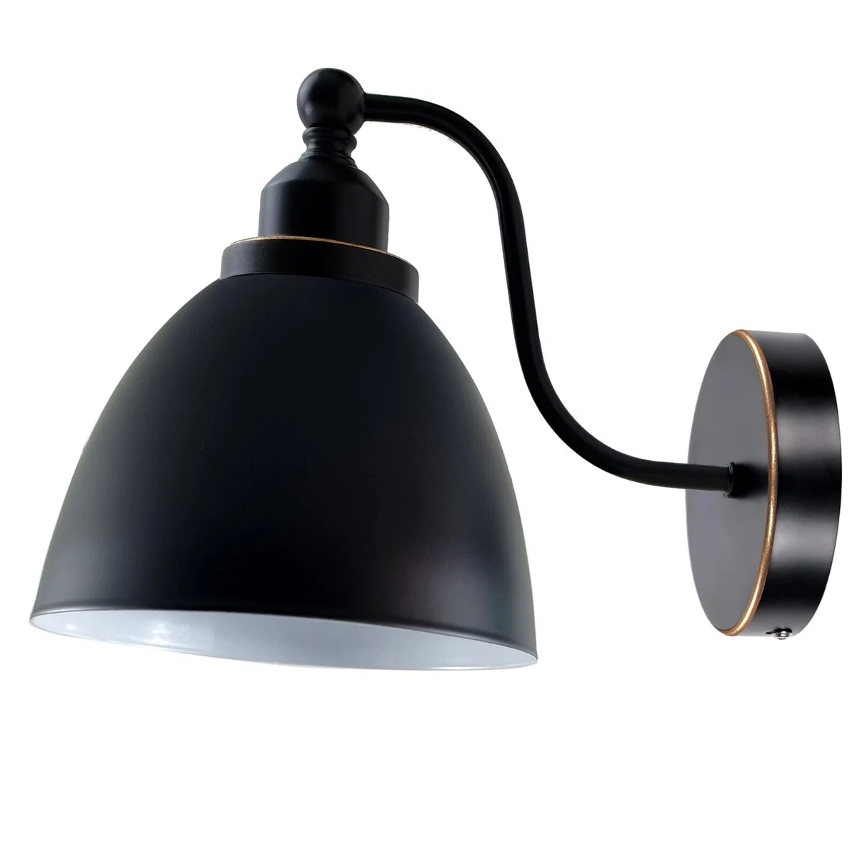 Modern metal wall light with slim swan neck arm, compact shade, dimmable E27 bulb wall light, black finish