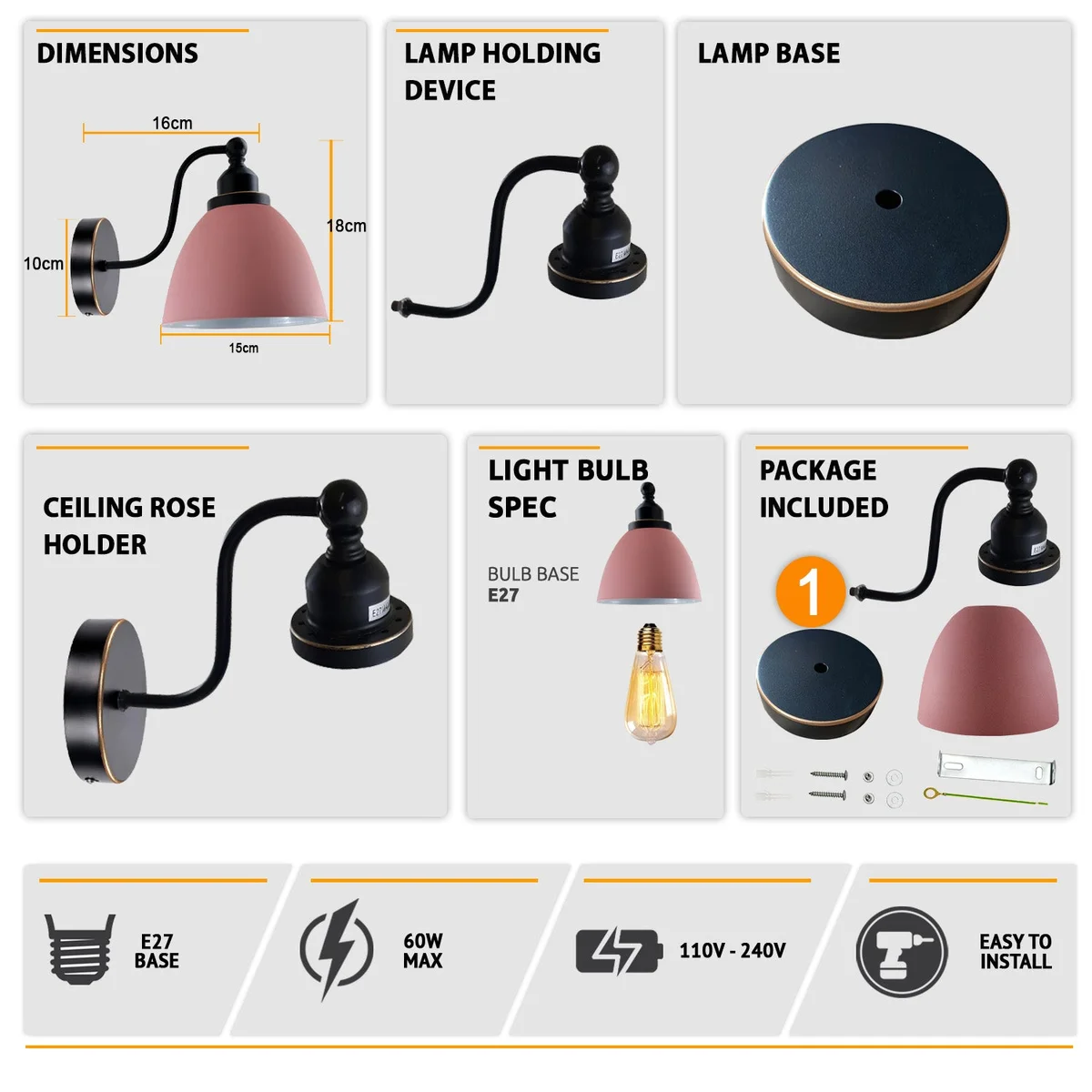 Industrial vintage modern retro swan neck metal arm E27 wall lamp with pink shade