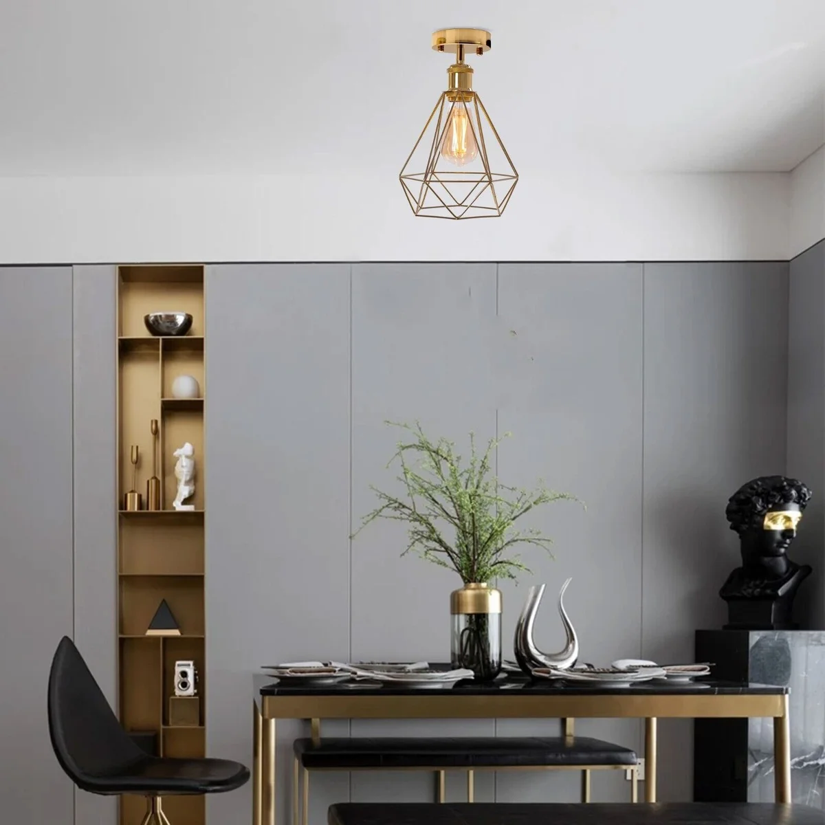 Gold retro flush mount ceiling light with metal cage and hanging holder, dimmable, for indoor rooms.