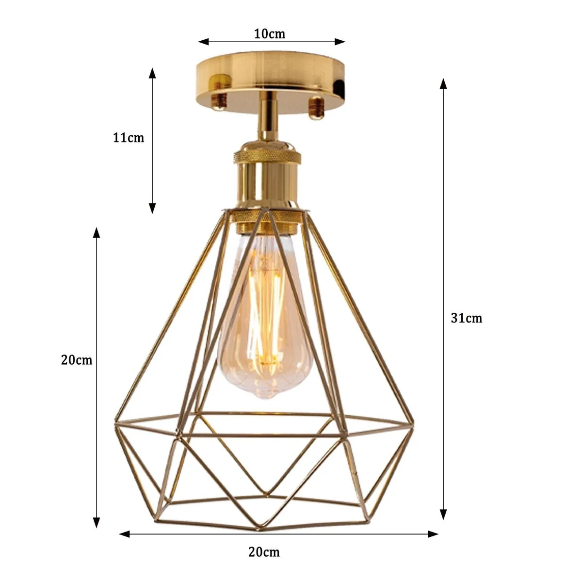 Gold metal cage light fixture mounted flush on ceiling, vintage retro style with open cage base and metal frame.