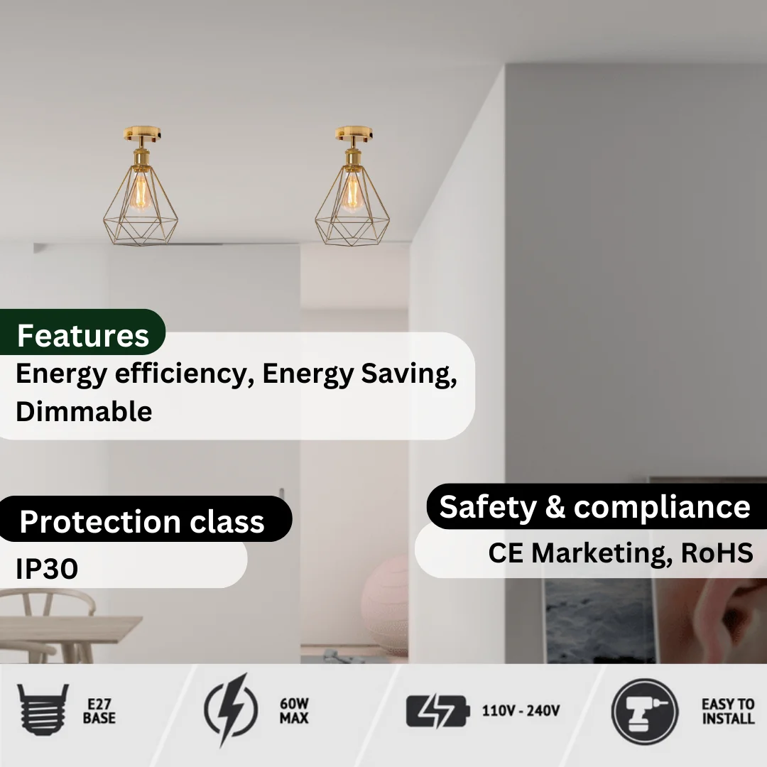 Gold metal vintage ceiling light with open cage, E27 holder, flush‑mounted in modern décor