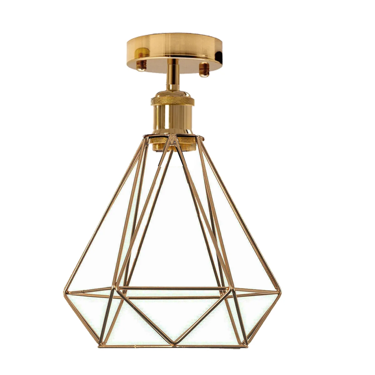 Gold retro flush‑mount metal cage dimmable ceiling light with open design, hanging from ceiling.