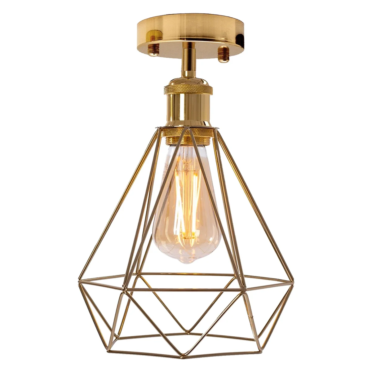 Gold retro flush mount metal cage E27 bulb ceiling light, dimmable with compatible bulbs.