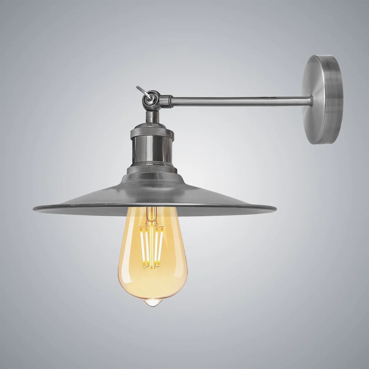 Satin nickel industrial wall sconce with metal shade and E27 holder, set on wall, light arm and ceiling rose.