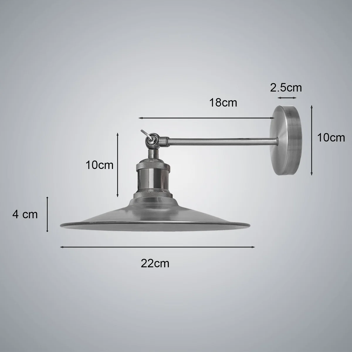 Satin nickel wall sconce light with metal shade, E27 holder, mounted on a wall in modern industrial décor