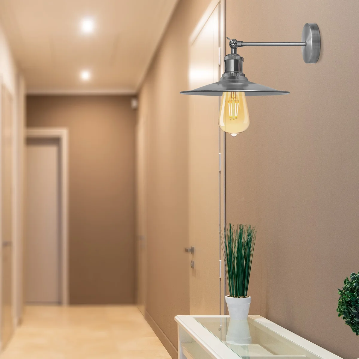 Satin nickel wall mounted sconce with metal shade, E27 holder, stylish modern industrial look.