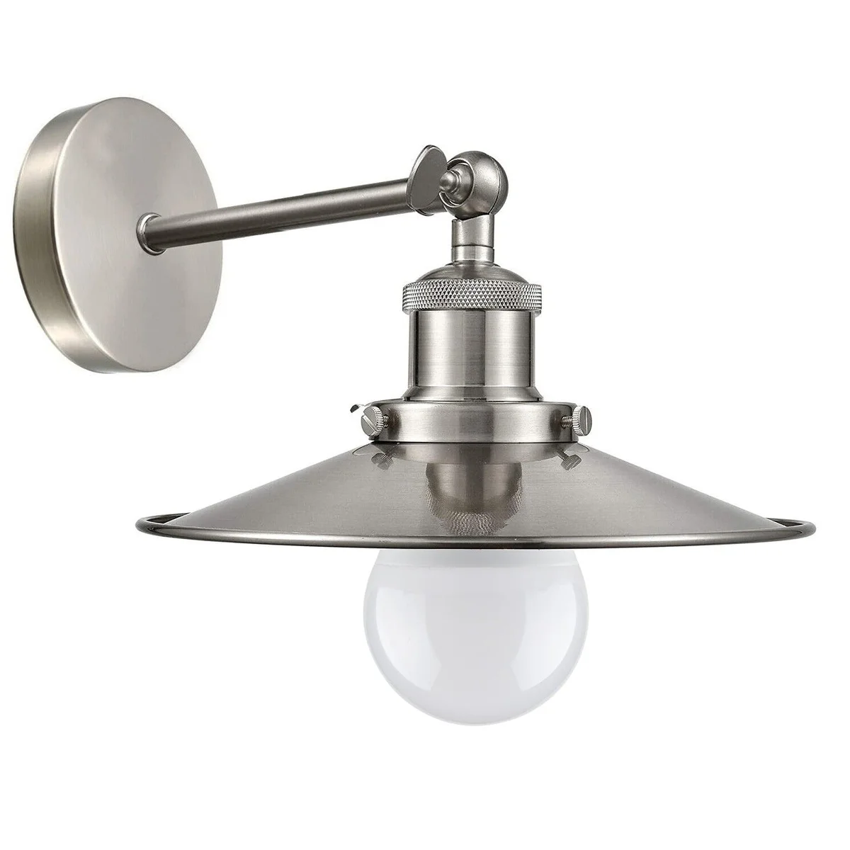 Satin nickel industrial wall sconce featuring a metal shade, wall‑mounted E27 holder, modern rustic style.