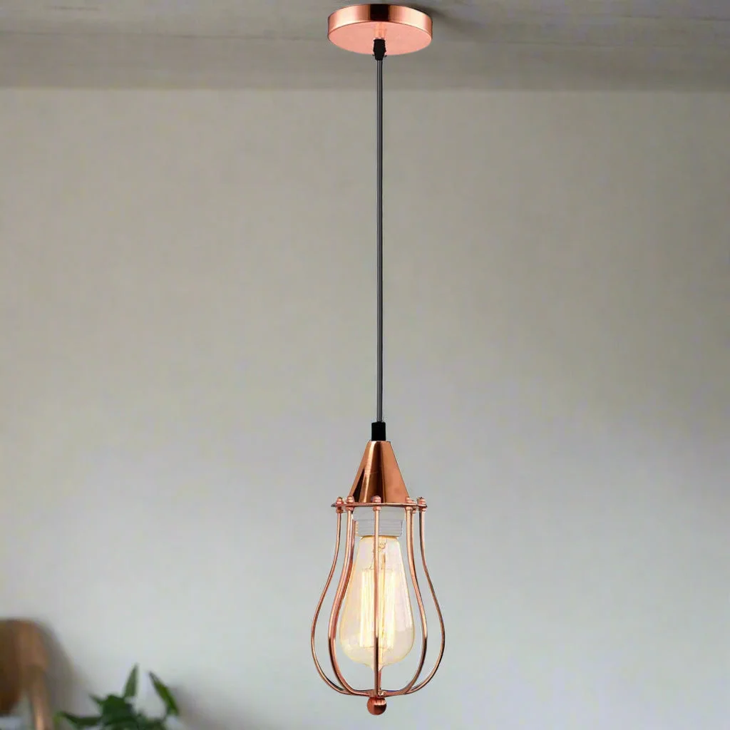 Rose gold vintage pendant light hanging from metal cage, 3‑way kit with adjustable 95 cm cord