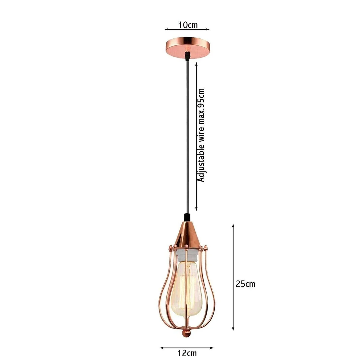 Retro cage lampshade hanging from rose with rose gold metal cage, adjustable 95cm cord, suitable for 3 E27 bulbs
