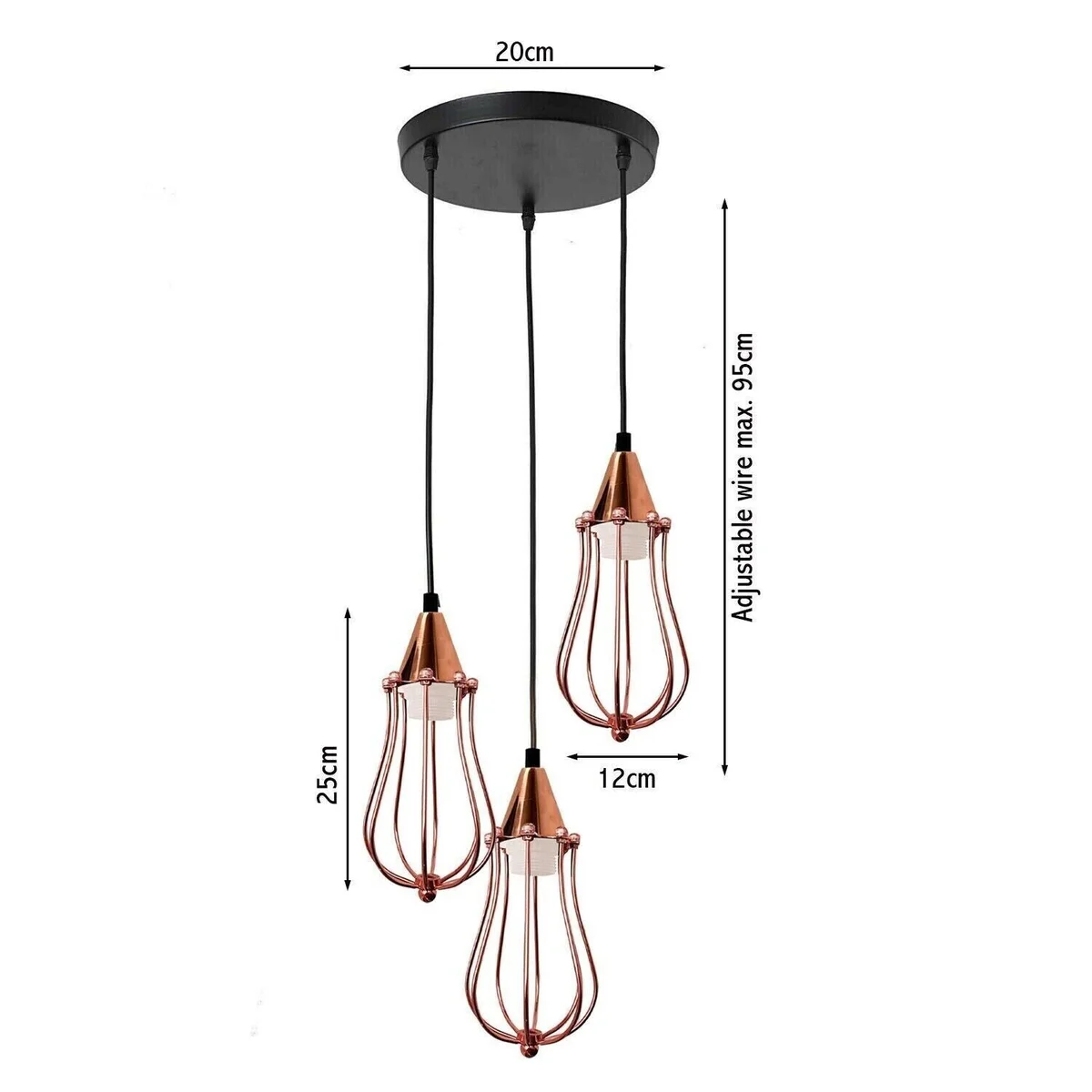 Adjustable pendant light with vintage metal cage, rose gold finish, 95 cm cord, bright filament E27 bulbs