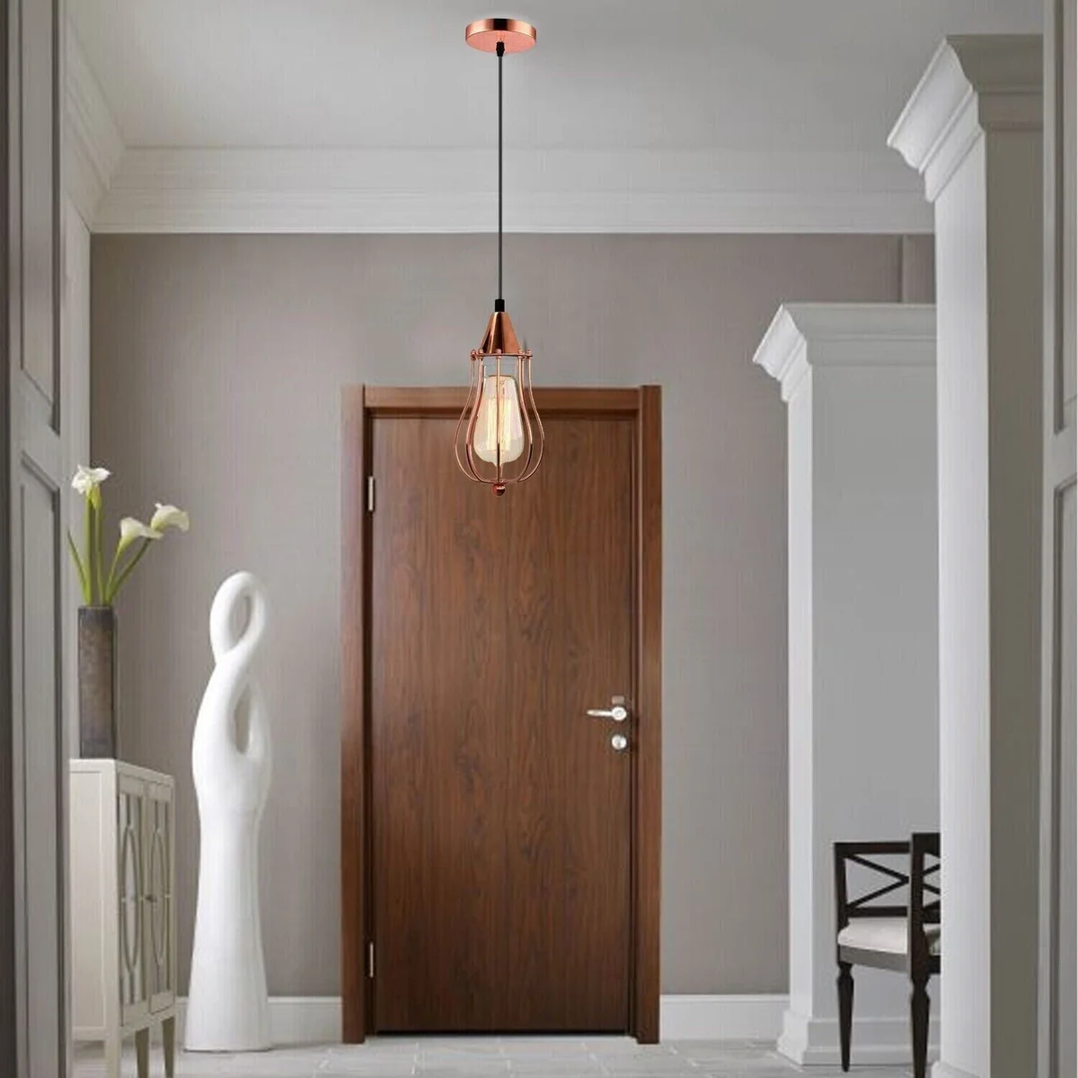 Rose gold pendant light, vintage metal cage hanging with adjustable PVC cord, 3‑piece kit, E27 base.