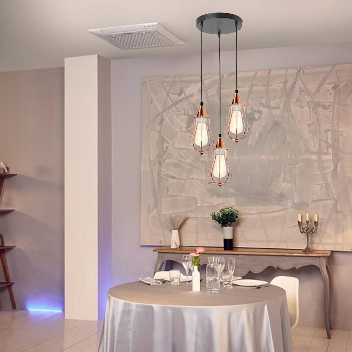 Rose gold metal cage pendant light, dimmable indoor ceiling light with classic style, adjustable 95cm cable and E27 base.