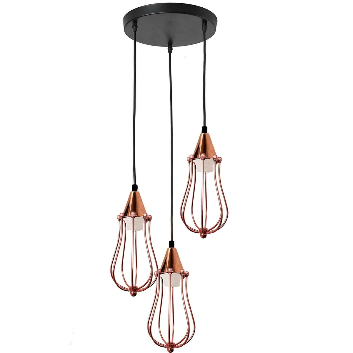 Rose gold vintage pendant light with metal cage, 3 adjustable cords, E27 bulb socket, contemporary ceiling mount