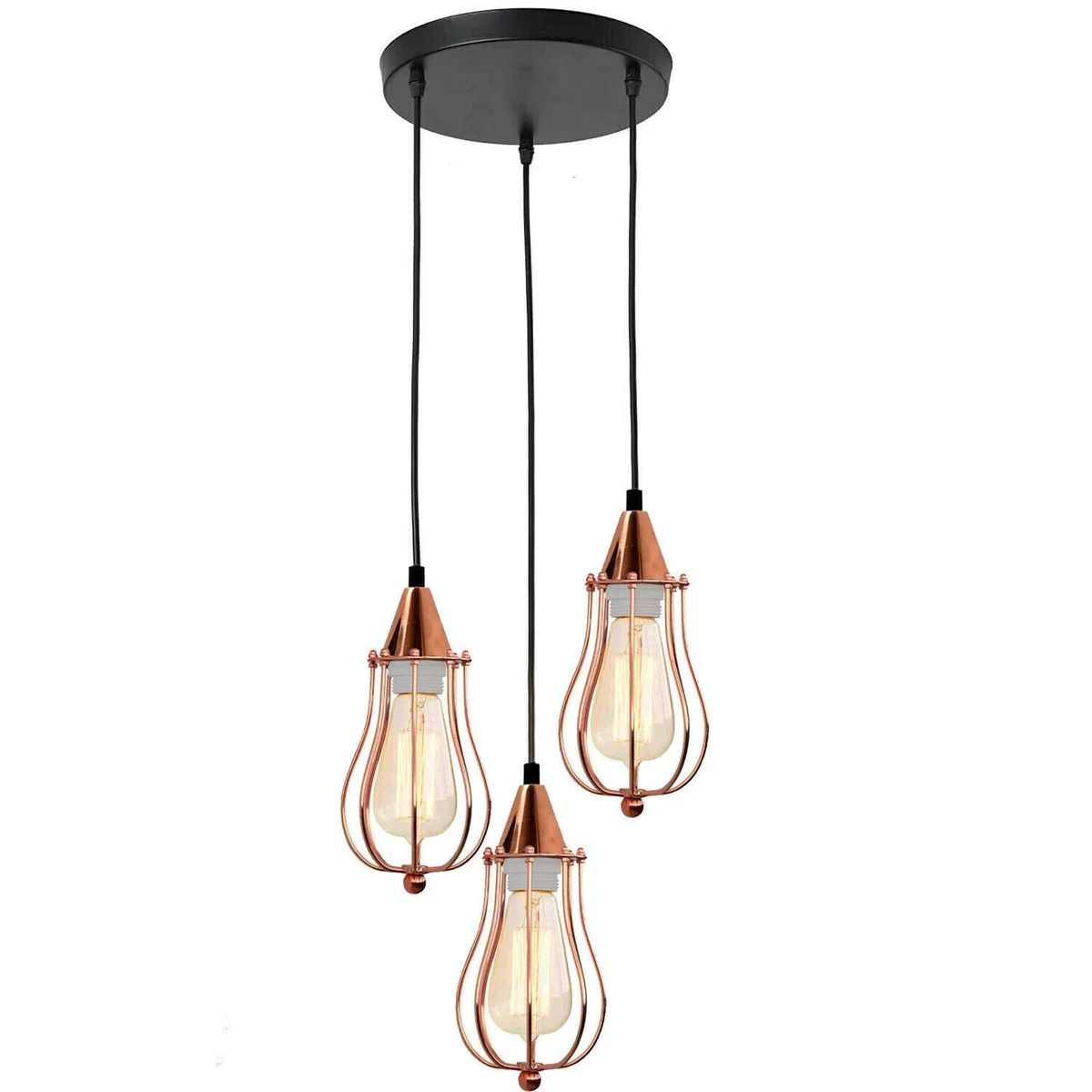 Rose gold vintage pendant light with metal cage and adjustable cord, mounted on wall, showcasing industrial design.