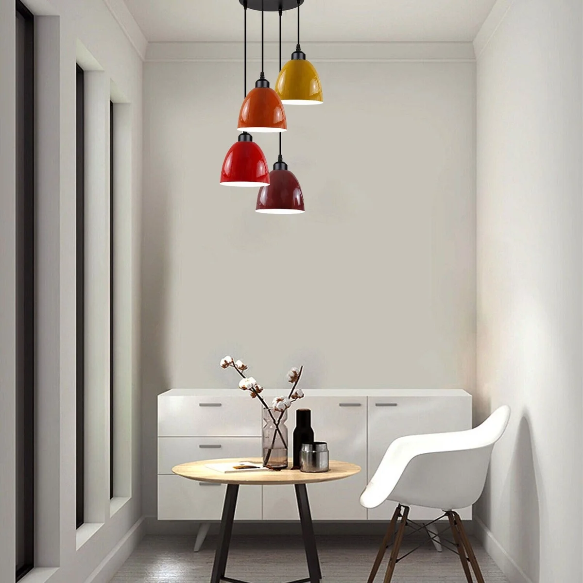 Vintage pendant light with metal frame and four glass shades hanging from a 95cm cable, shown in black and red.