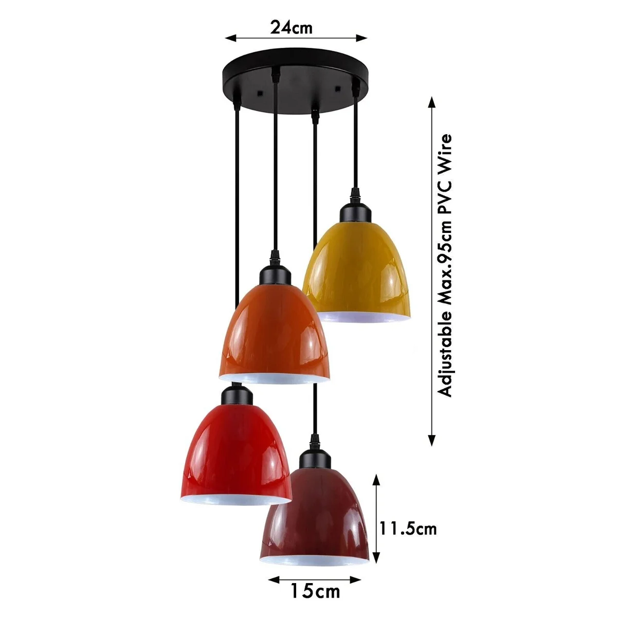 Retro metal indoor hanging lamp with 4 shades, black and red, hanging from a ceiling plate.