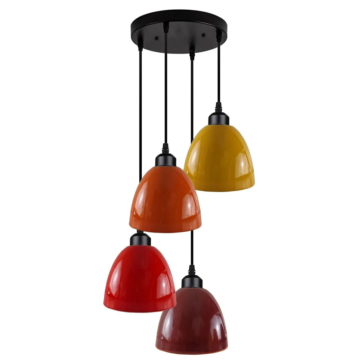 Vintage pendant light with metal shade, four bulbs, industrial retro style, hanging from ceiling via PVC cable, black.