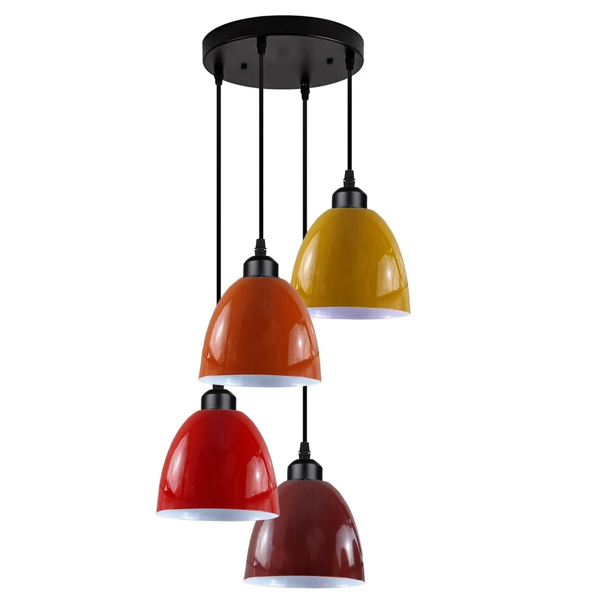 Vintage pendant light with four metal shades and 95cm PVC cable, hanging above a 24cm ceiling plate.