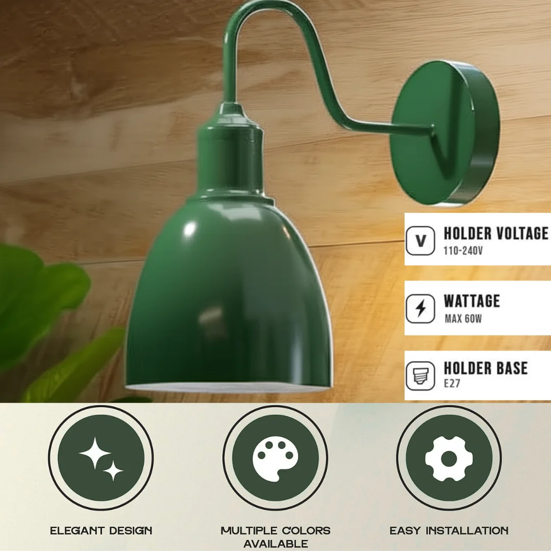 Vintage industrial metal wall lamp with oval dark shade, E27 base, mounted on wall, 15 cm diameter.