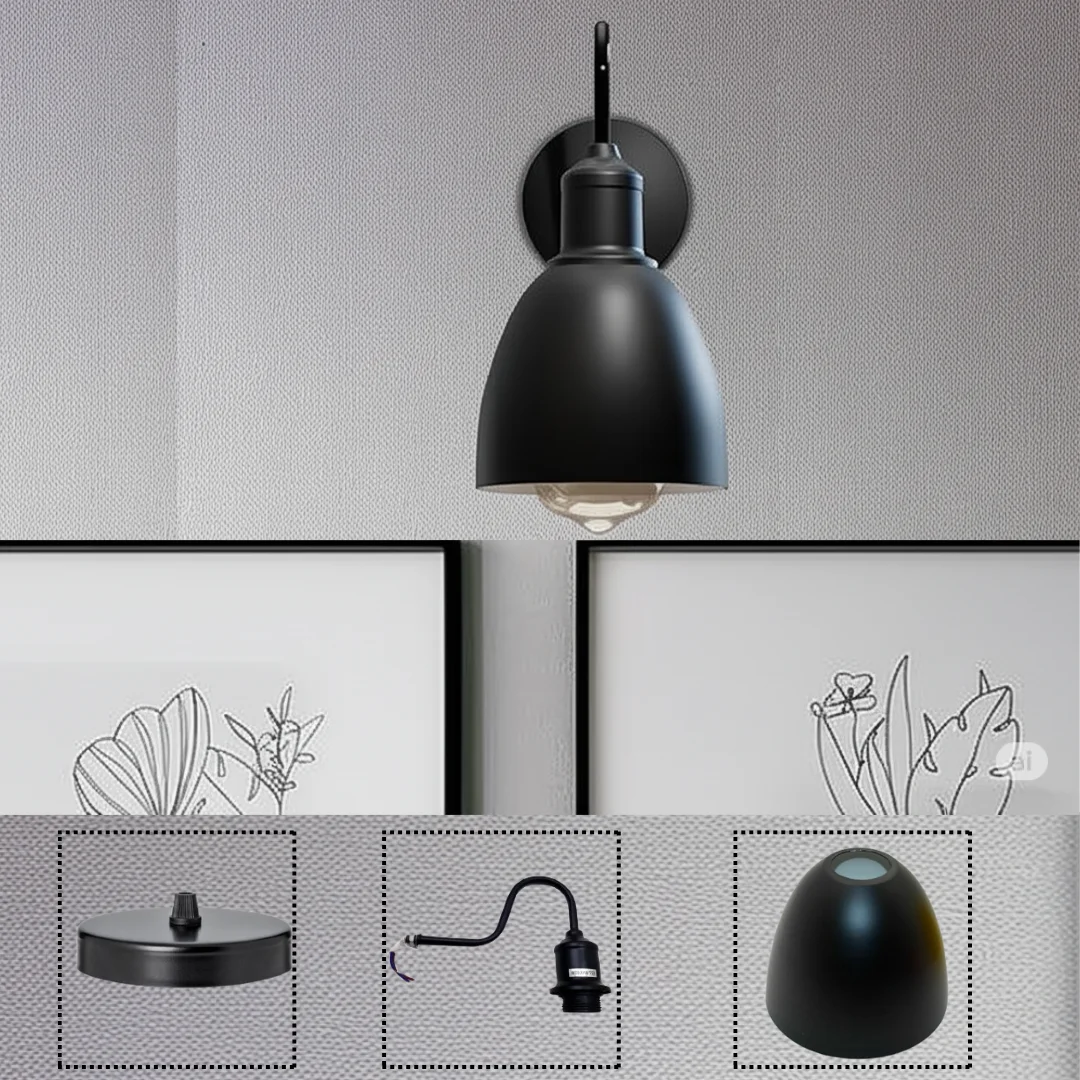 vintage indoor lighting wall sconce featuring a black metal oval lampshade mounted on a wall, E27 base.