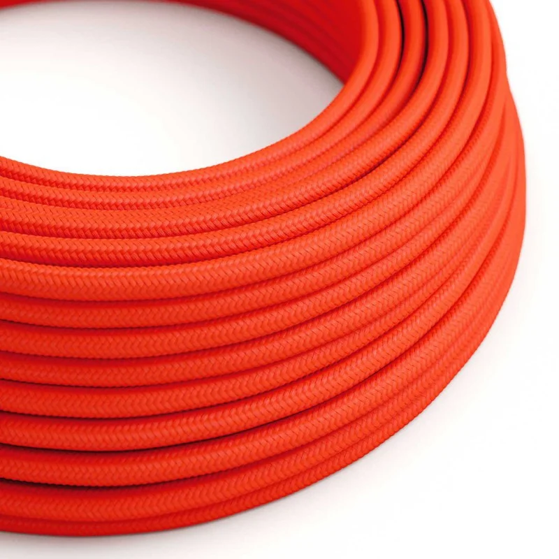 Orange 3‑core round vintage fabric cable, 7 mm diameter, shown coiled 5 m length, with Italian braided finish.