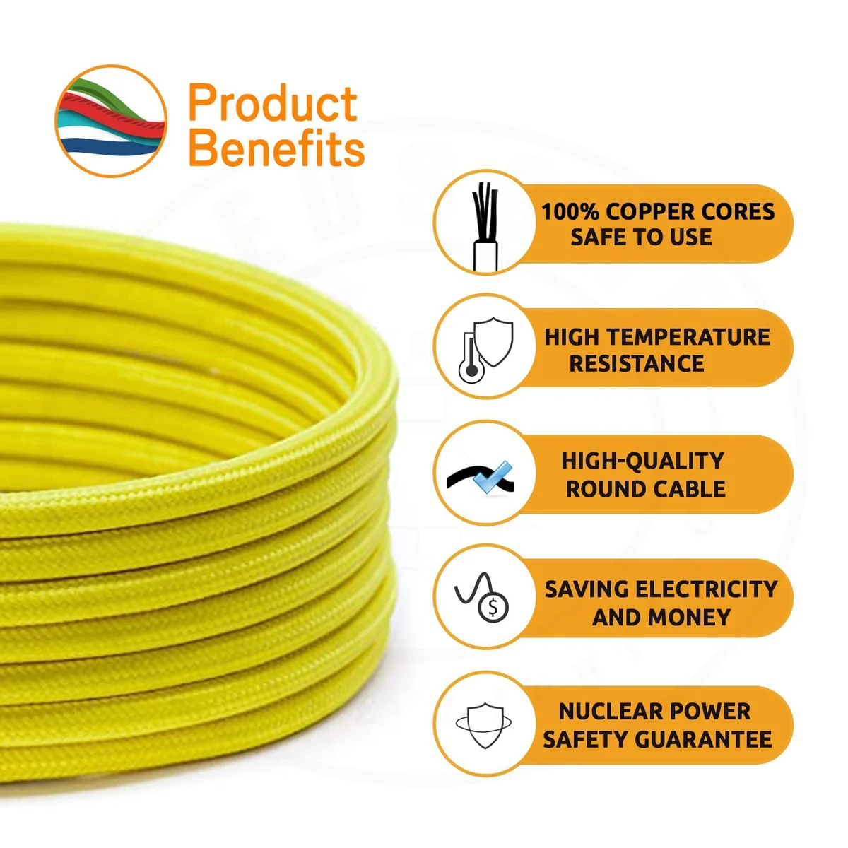 Orange round vintage fabric cable, 5m length with 3 cores, Italian braided finish, 7mm diameter