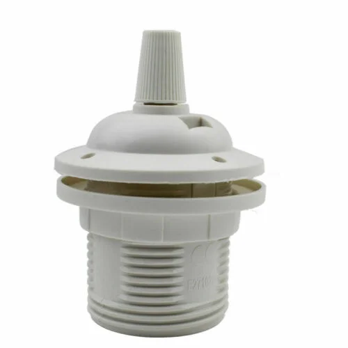 White vintage-style E27 bulb holder with metal screw socket on a black background
