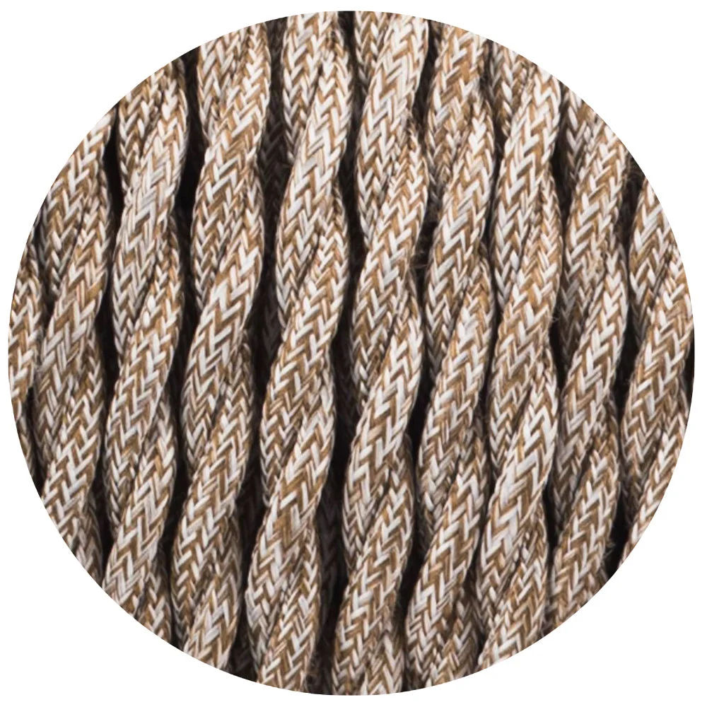 Brown 3‑core twisted vintage fabric lighting cable, 0.75mm cores, 6mm diameter, shown in a 5‑meter roll