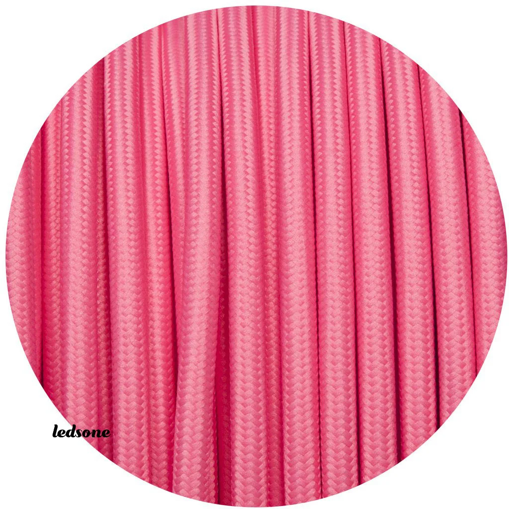Pink braided fabric cable with 3 core round twist, 10m roll for indoor lighting projects.