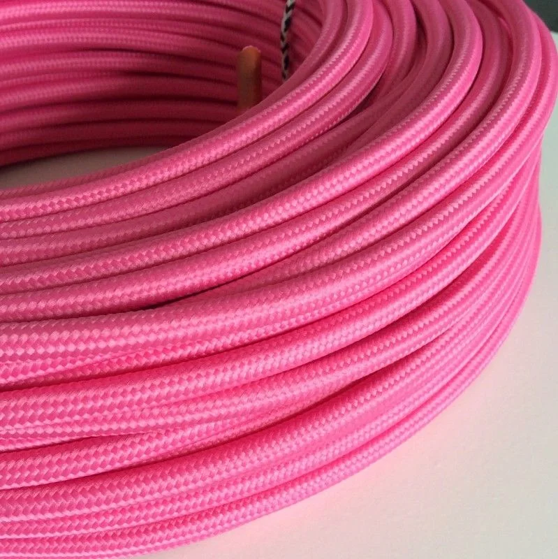 Retro pink 10m flexible electrical wire with 3-core copper conductors and braided fabric insulation for decorative lighting.