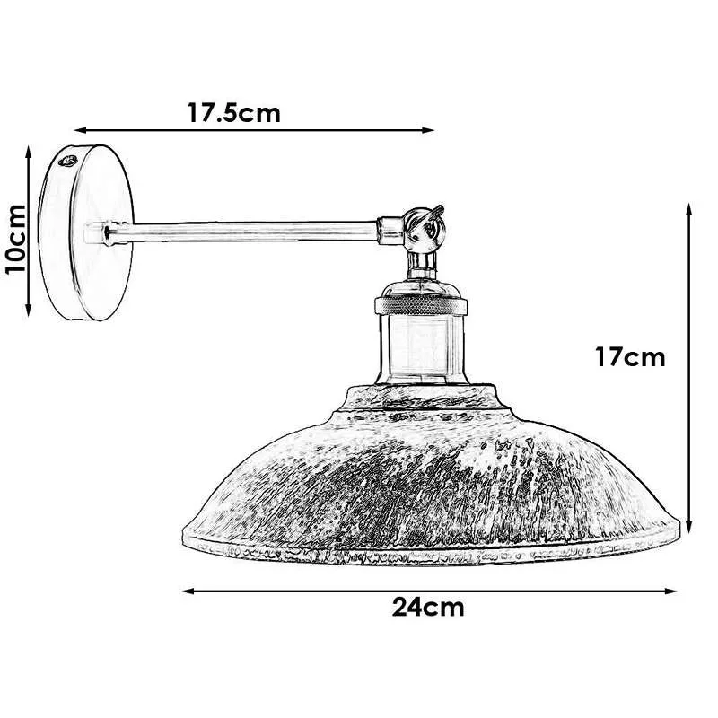 Adjustable wall light with black metal umbrella shade, 24 cm diameter and 7 cm height, vintage industrial style.