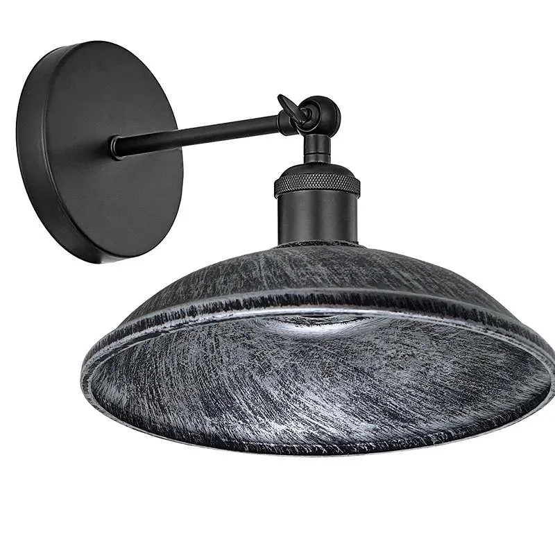 Vintage wall lamp with metal shade, 24cm diameter, 7cm height, umbrella shape, black finish, adjustable.
