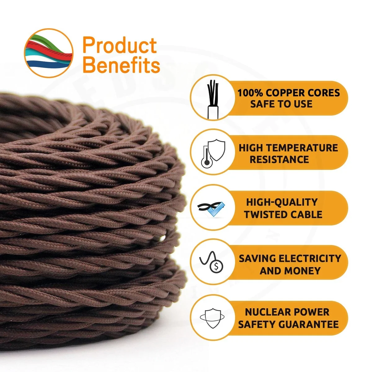 Brown fabric cable with three cores, 10m length, 0.75mm cores, 6mm outer diameter, vintage style for rewiring lamps.