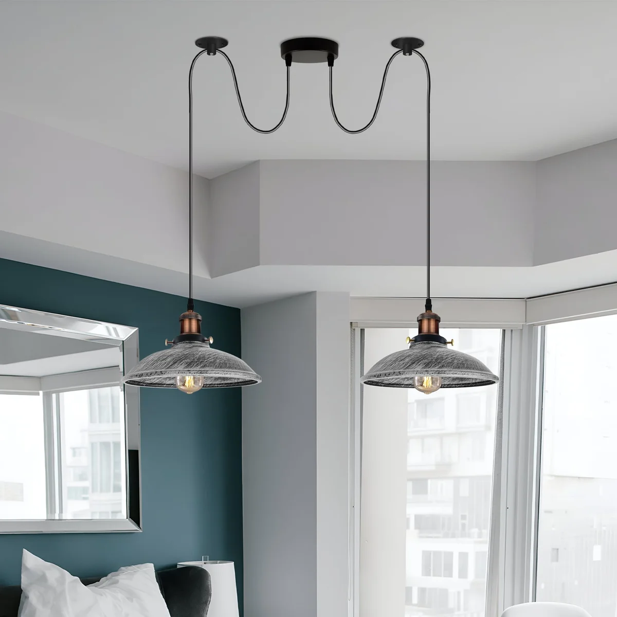 Brushed silver 2‑way vintage chandelier ceiling light with metal base, two light holders and 2m PVC cable.