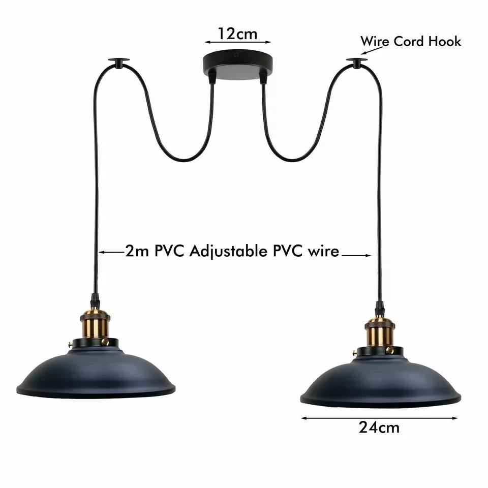 Brushed silver industrial pendant lamp with two E27 sockets, 2m PVC cable, upper pulleys, and light shades