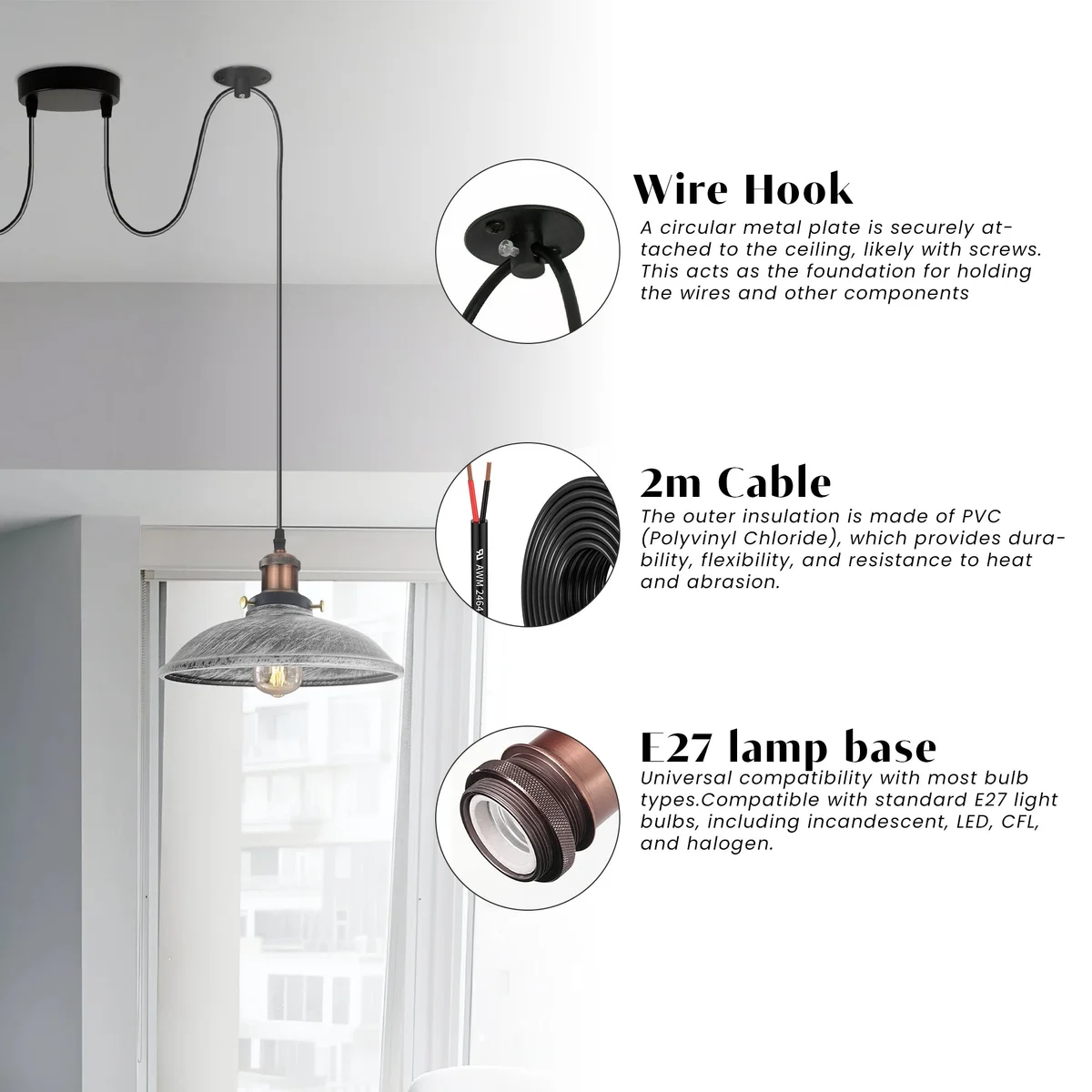 2‑way pendant light, brushed silver metal base, two E27 holders, 2m PVC cable, industrial style.