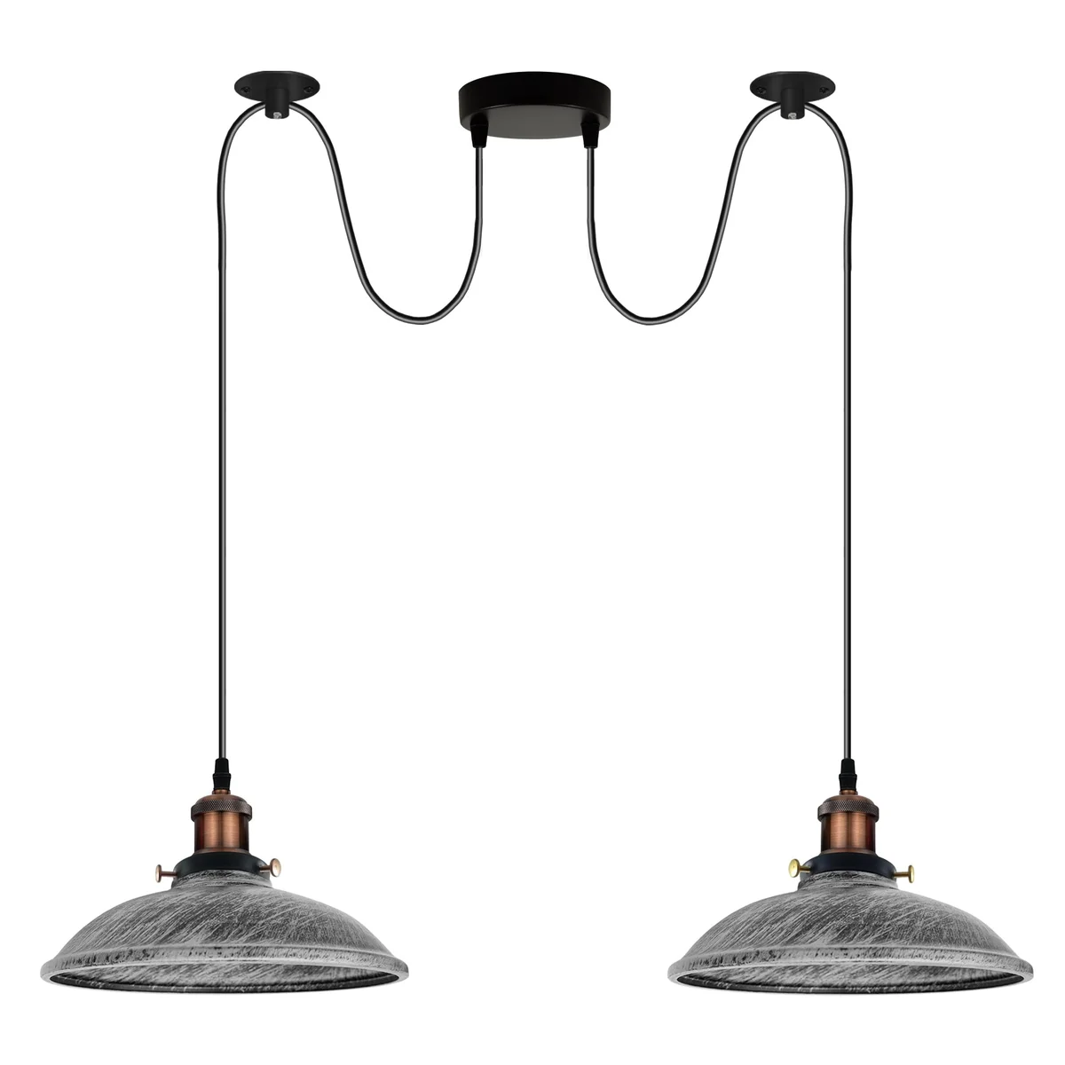 Brushed silver 2‑way vintage chandelier with dual E27 pendant lamps and 2m cable.